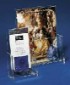 Two clear acrylic display mounts holding documents in front of a blue background