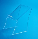 A clear plastic display mount in front of a light blue background