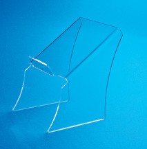 A clear plastic display mount in front of a light blue background