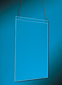 Hanging acrylic frame in front of a blue background